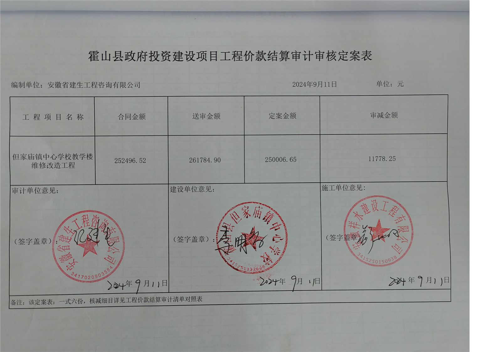 但家庙镇中心学校教学楼维修改造工程结算审核报告